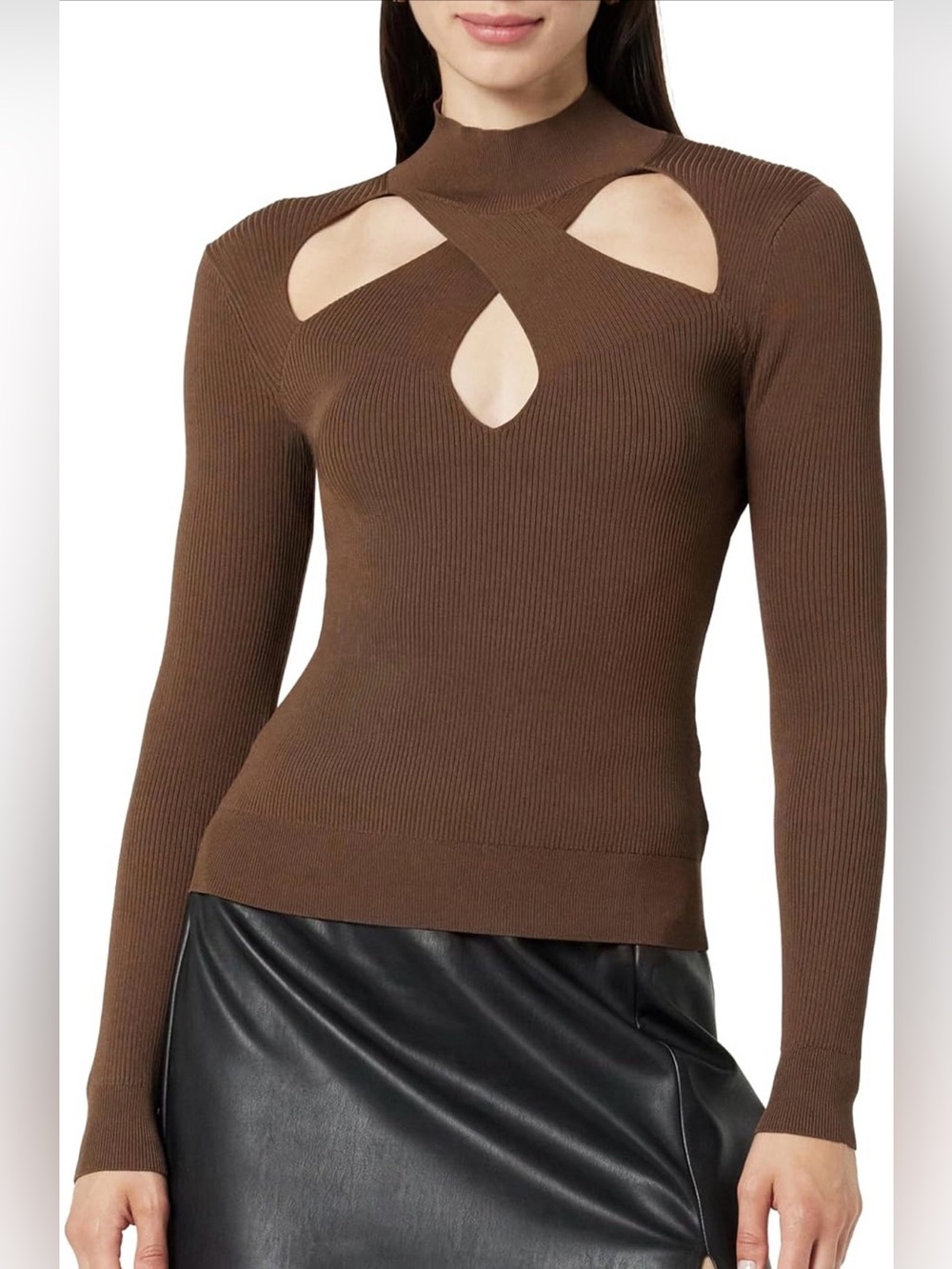 The Drop Ribbed Cutout Sweater Mock Neck Coffee Brown NWT Small Dark Academia